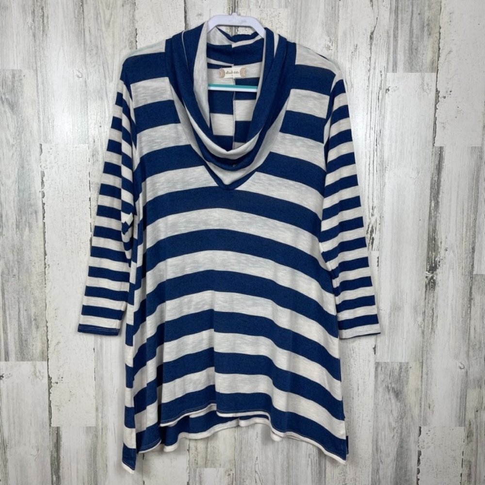 altar'd state Breton striped cowl neck tunic top blue white L longline lagenlook